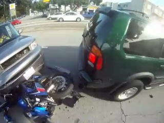 biker lands on his feet after being hit from behind by a moving car